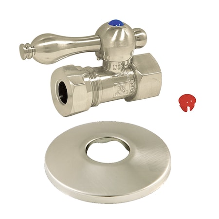 Kingston Brass 1/2" FIP x 1/2" or 7/16" Slip Joint Quarter-Turn Straight Stop Valve with Flange, Brushed Nickel CC44158K